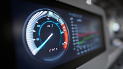 Medium shot capturing battery capacity gauge on UPS screen main gauge crisp and surrounding data subtly blurred.