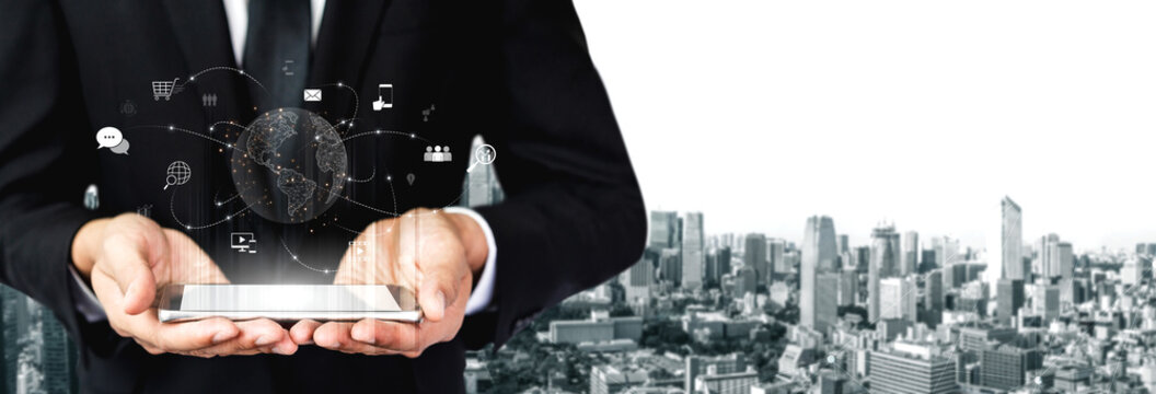 Visualization of global digital communication and online across multiple platforms, including global network, digital network, communication network, and online network. Vouch - Powered by Adobe