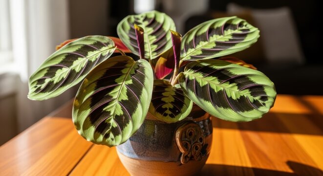 Vibrant maranta leuconeura in decorative pot on wooden table under sunlight