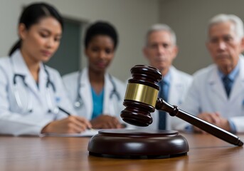 Medical Law Concept Doctors in Lab Coats with Gavel at Table, Healthcare Legal Issues, Courtroom Meeting, Medical Malpractice.