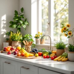 Bountiful Fresh Fruits and Vegetables on a Bright Kitchen Counter.

