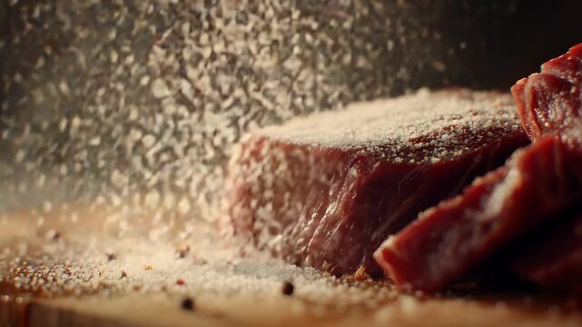 close-up of meat with a sprinkle of salt