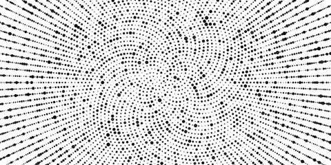 A monochrome abstract background with a dynamic swirl pattern. The geometric illustration shows a radial burst of dots and lines creating a hypnotic visual effect.