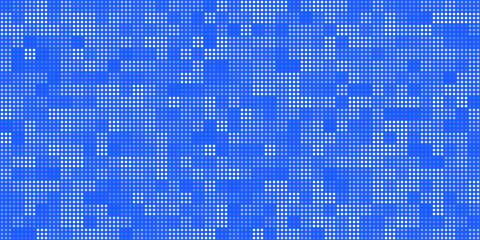 A blue pixel background with a glowing square pattern. The abstract illustration has a digital mosaic texture, creating a modern tech effect.