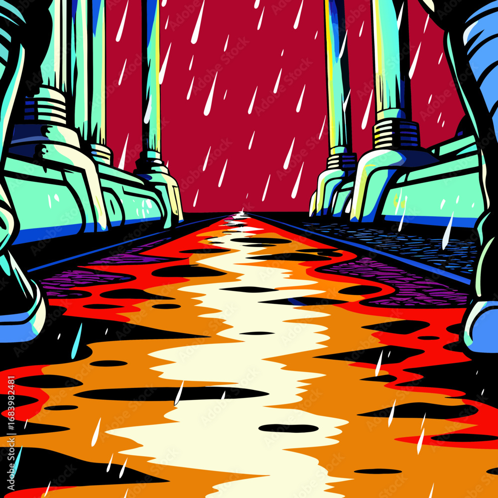 Poster vibrant pathway under rain with columns in the background