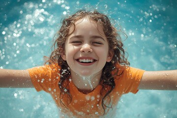 Happy Child Playing in Pool with Orange Shirt and Splashing Water