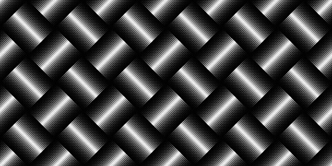 A dark, geometric background with a diagonal pattern of abstract squares. The three dimensional surface has light and shadow gradients, creating a metallic texture.