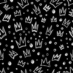 A dark, hand drawn background with a crown pattern. The abstract illustration shows different shapes and dots in a simple monochrome style.