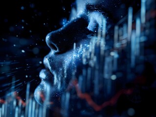 Side profile AI face made of particles with vertical bar graphs, fintech intelligence visual