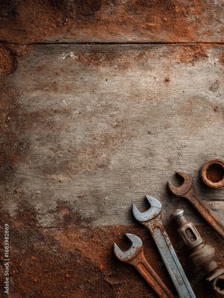 Poster hand tools including wrenches and a spark plug are neatly placed on a weathered wooden surface.