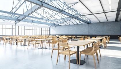 Modern industrial cafeteria with many tables and chairs