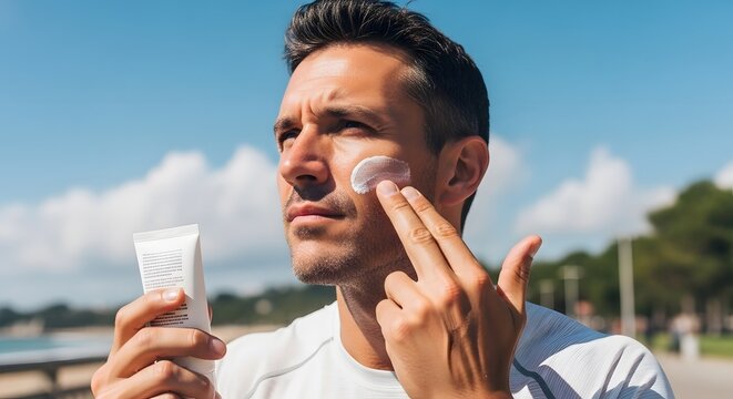 Man applying sunscreen to his face outdoors holding a tube against a blue sky and clouds view