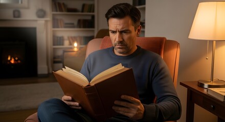 Obraz premium Man reading a book in a chair by a fireplace with a lamp on a table in a cozy living room setting