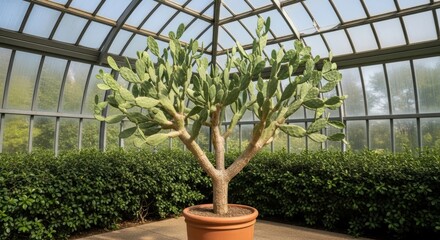 Large potted prickly pear cactus in sunlit greenhouse conservatory