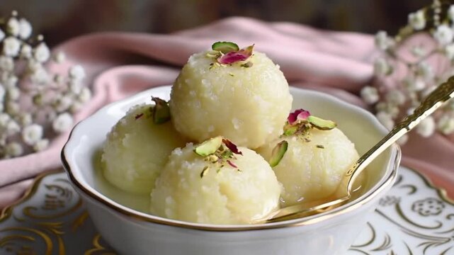 Gourmet Rasgulla: An Elegant Bengali Sweet Garnished with Pistachios and Rose Petals