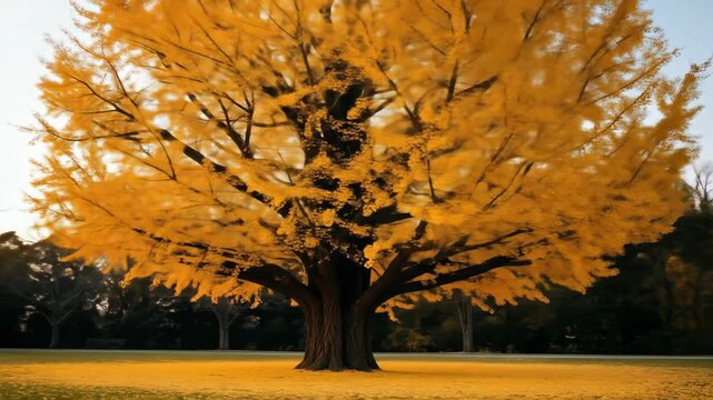 Golden ginkgo tree in autumn shedding vibrant yellow leaves at sunset in a tranquil park