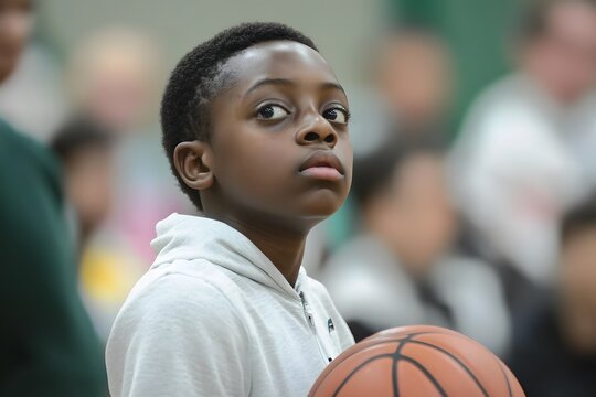 Young Boy Holding Basketball Intense Gaze Closeup - Powered by Adobe