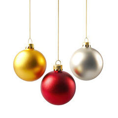 Three festive christmas ornaments red gold and silver hanging festive holiday decoration transparent background