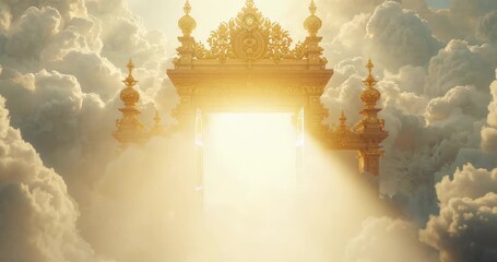 After second mark ornate spired golden gates swinging open in clouds to reveal golden sunlight beam - Powered by Adobe