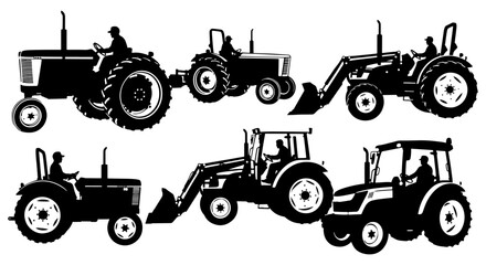 Vector art of collection of tractor silhouettes with drivers
