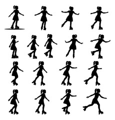 Vector art of set of roller skating girl silhouettes in various dynamic poses