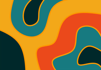An abstract background with flowing wavy shapes in a retro color palette of yellow, turquoise, orange, and navy, perfect for backgrounds and design projects.