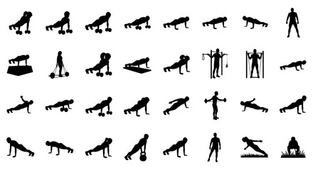 Vector art of collection of black fitness exercise silhouettes performing various workout movements