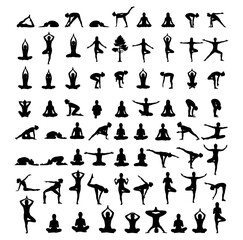 Vector art of collection of black yoga pose silhouettes representing various asanas and meditation positions