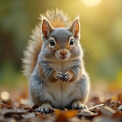 Fototapeta premium Squirrel, squirrel sitting in nature, sunlight falling on it from the side, making it more visible and attractive, close-up shot, natural background