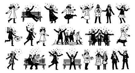 Vector art of group of people in winter clothing enjoying snowfall and playing
