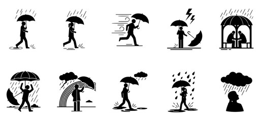 Vector art of collection of icons depicting people with umbrellas in various rain and weather situations