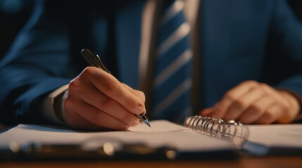 Medium shot highlighting a business professional crossreferencing CSRD legal requirements in a binder background softly blurred to emphasize main subject.