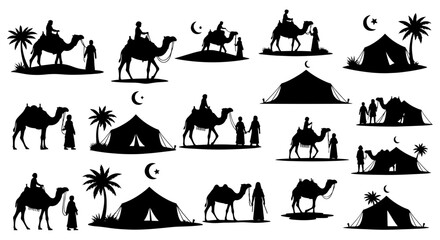Vector art of collection of silhouette illustrations depicting camels, tents, palm trees, and people in a desert landscape