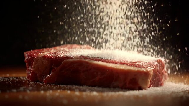 close-up of meat with a sprinkle of salt