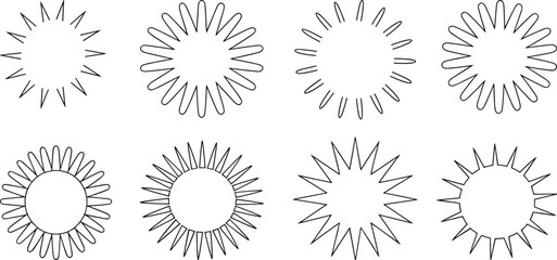 Sunburst icons, radial shapes, abstract design, black and white, vector illustration, spiked circle, flower symbol, graphic element, outline style