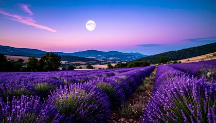 Naklejka premium Lavender field at dusk under a full moon