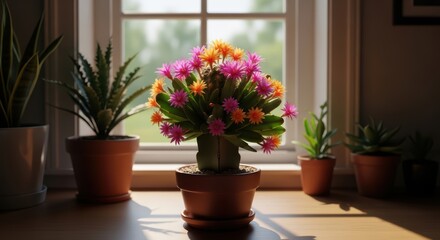 Vibrant succulent flowers blooming on cactus in sunlit room