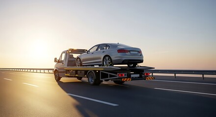 A silver sedan is being transported on a flatbed tow truck on a rural highway at sunset, symbolizing a long-distance journey.

