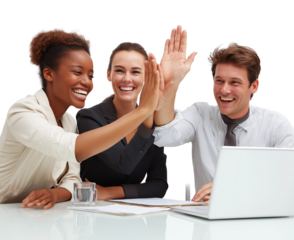  three diverse office workers sitting at a conference table, high-fiving after a corporate presentation, transparent background png, stock photo style, high resolution .