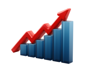 3d cartoon red arrow pointing up on a blue bar graph, transparent background png .