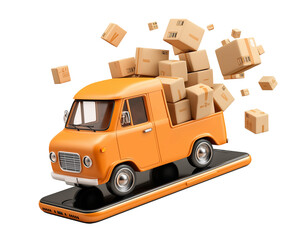 3d cartoon-style icon of an orange delivery van inside a mobile phone, with boxes flying out from it, on a white background, transparent png. 