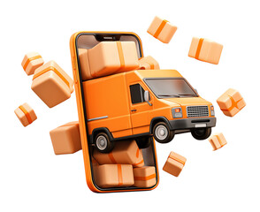 3d cartoon-style icon of an orange delivery van inside a mobile phone, with boxes flying out from it, on a white background, transparent png. 