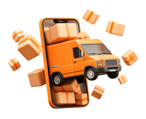3d cartoon-style icon of an orange delivery van inside a mobile phone, with boxes flying out from it, on a white background, transparent png. 