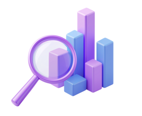 3d icon of a bar graph with a magnifying glass, in a purple and blue color theme, with a transparent background, in png format .