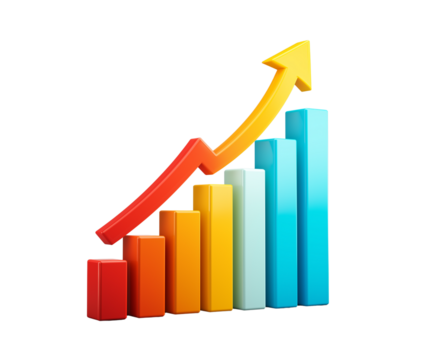 3d cartoon red arrow pointing up on a blue bar graph, transparent background png .