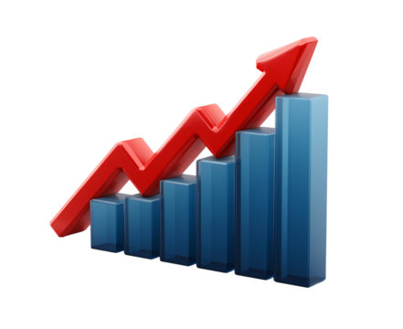 3d cartoon red arrow pointing up on a blue bar graph, transparent background png .