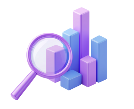 3d icon of a bar graph with a magnifying glass, in a purple and blue color theme, with a transparent background, in png format .