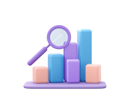 3d icon of a bar graph with a magnifying glass, in a purple and blue color theme, with a transparent background, in png format .