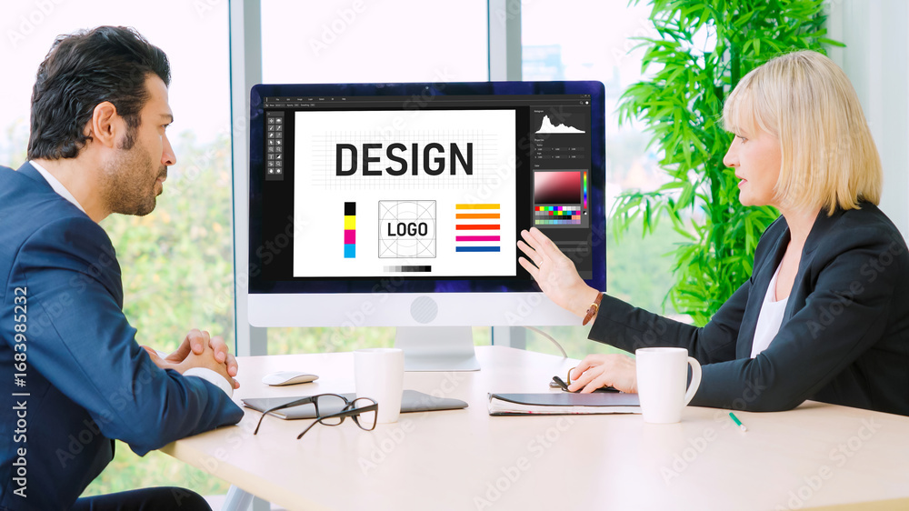Aufkleber graphic designer software for modern design of web page and commercial ads showing on the computer s
