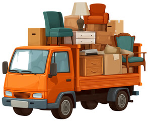  clip art of a moving truck with boxes and furniture in the back, transparent background. 